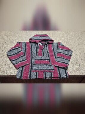 La Malinche Mexican Baja Hoodie Jerga Pullover S Pink Black Gray Striped Poncho